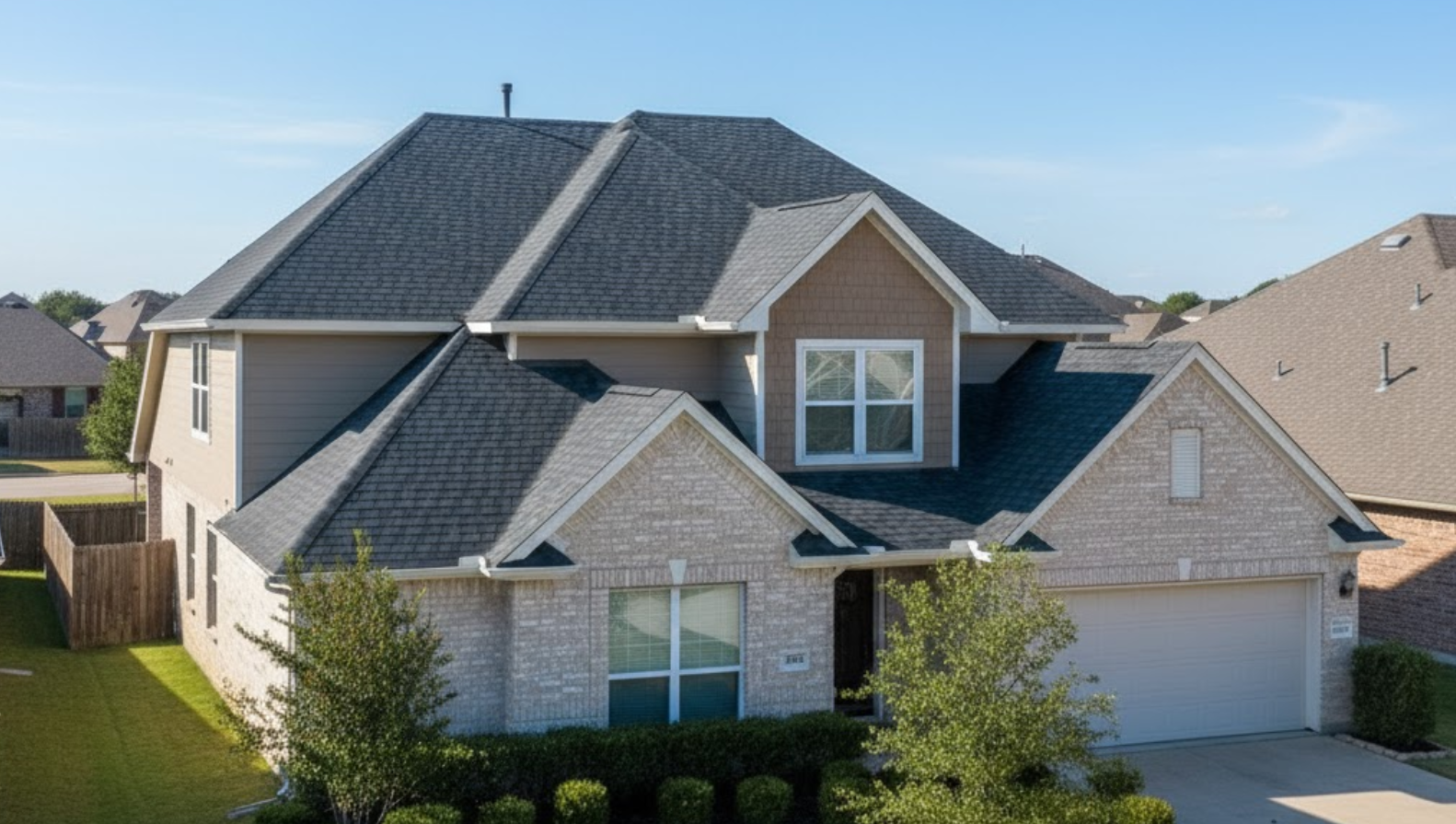 Alt text: suburban DFW home with a freshly installed asphalt shingle roof, representing the question of roof replacement cost in DFW Texas